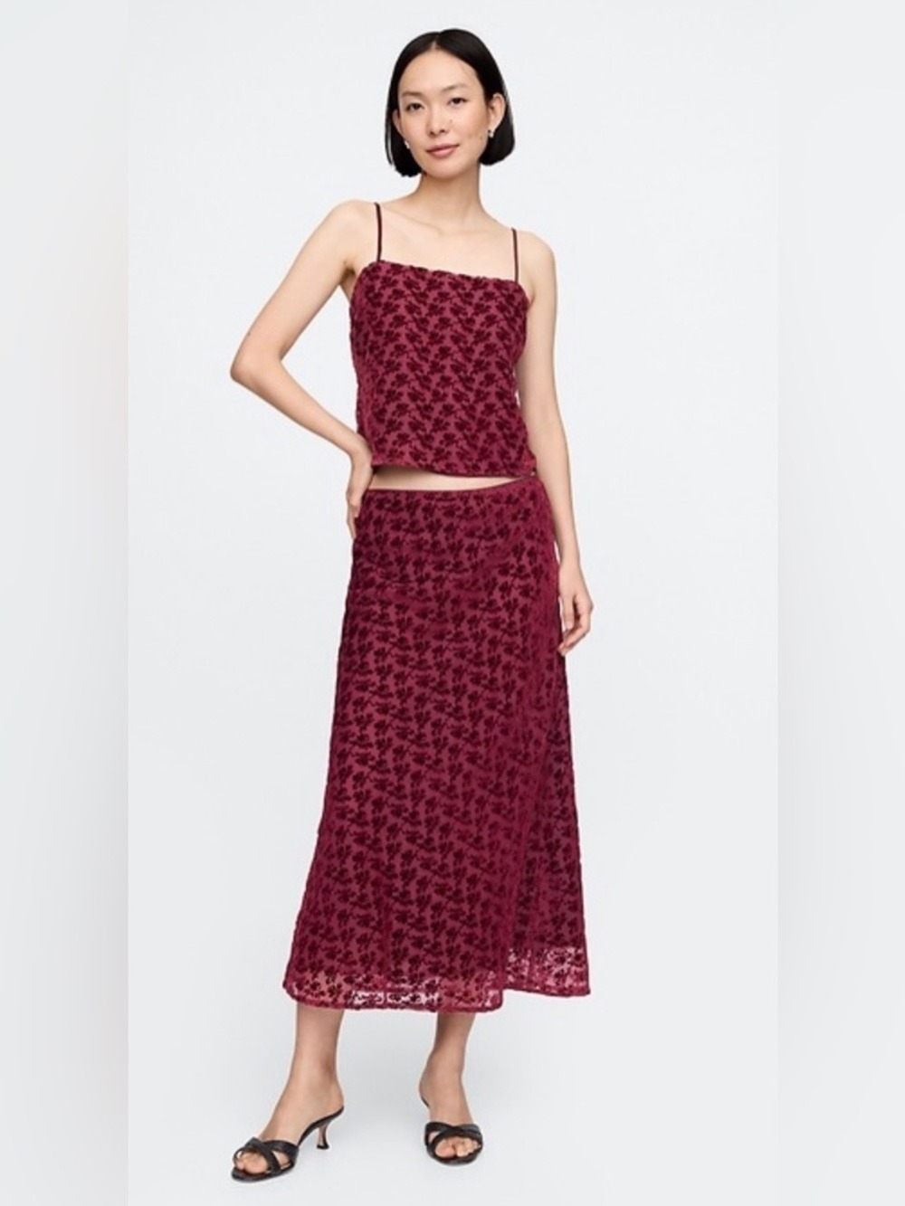 Gap Velvet Burnout Midi Skirt Fairy Grunge Dark Romantic Merlot Whimsigoth NEW